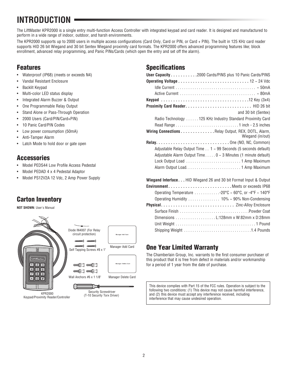 Introduction, Features, Carton inventory | Accessories, One year limited warranty, Speciﬁ cations | LiftMaster KPR2000 Single Entry Access Control Keypad and Proximity Reader User Manual | Page 2 / 8