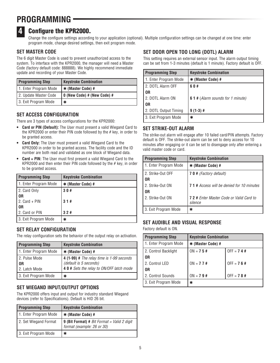 Programming, Conﬁ gure the kpr2000 | LiftMaster KPR2000 Single Entry Access Control Keypad and Proximity Reader User Manual | Page 5 / 8