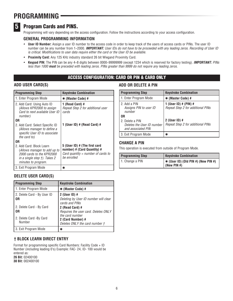Programming, Program cards and pins | LiftMaster KPR2000 Single Entry Access Control Keypad and Proximity Reader User Manual | Page 6 / 8