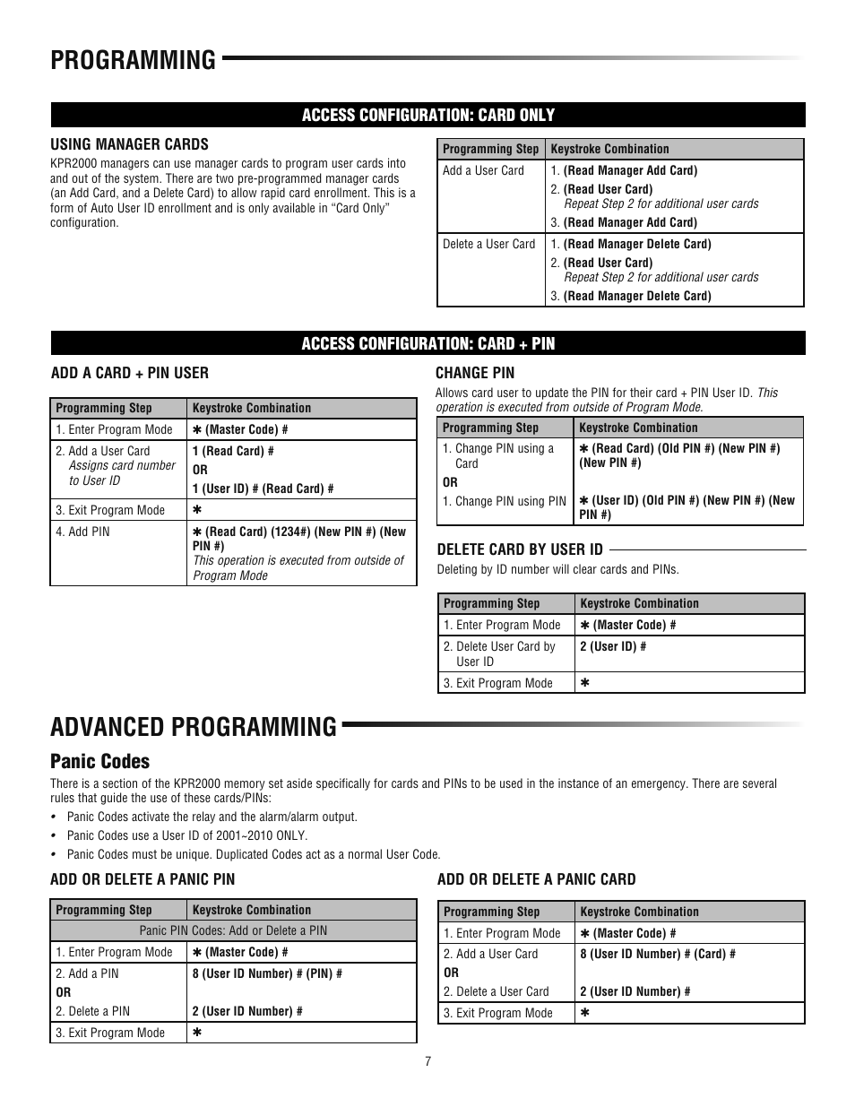 Advanced programming, Programming, Panic codes | LiftMaster KPR2000 Single Entry Access Control Keypad and Proximity Reader User Manual | Page 7 / 8