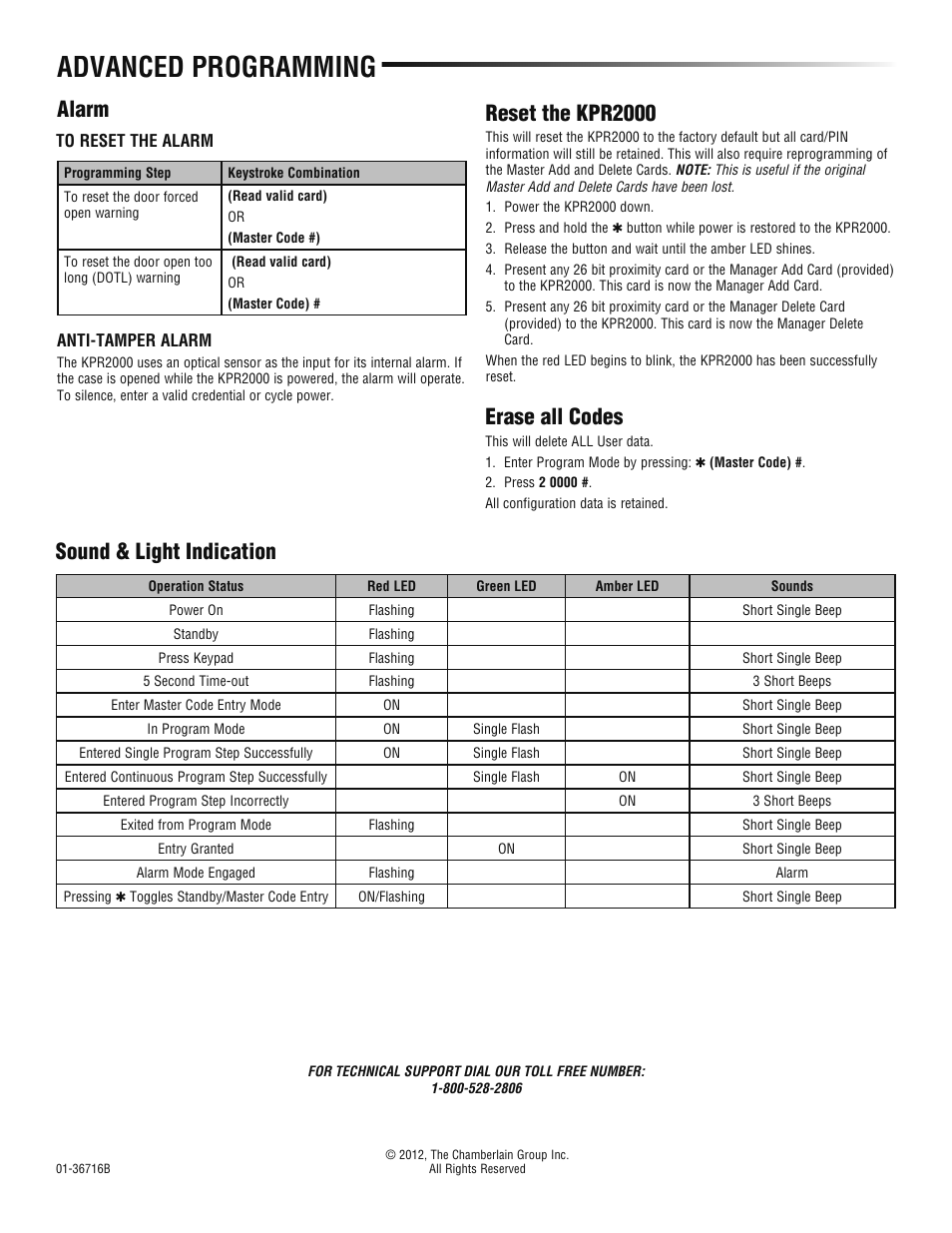 Advanced programming, Alarm reset the kpr2000, Sound & light indication | Erase all codes | LiftMaster KPR2000 Single Entry Access Control Keypad and Proximity Reader User Manual | Page 8 / 8