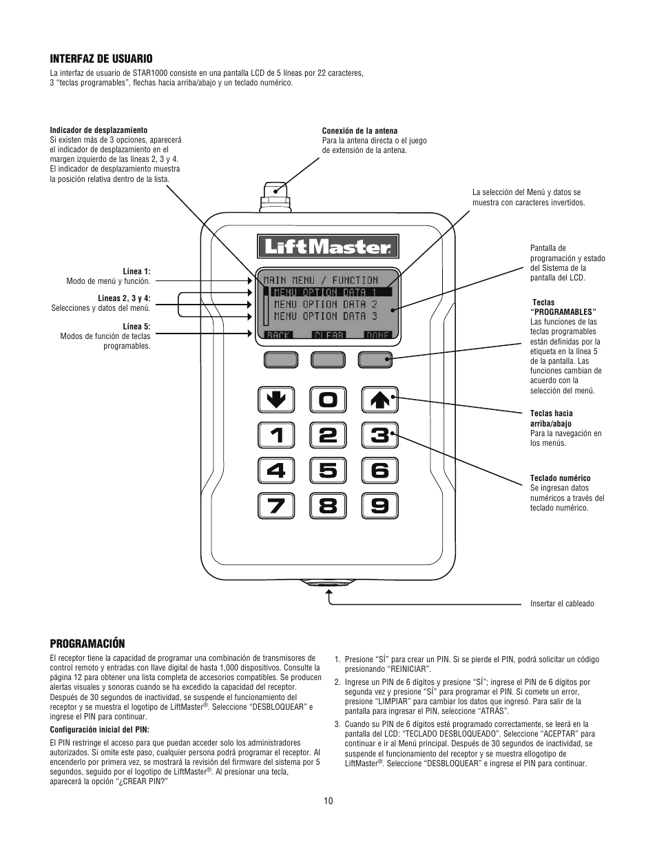 Interfaz de usuario, Programación | LiftMaster STAR1000 Commercial Access Control Receiver User Manual | Page 10 / 12