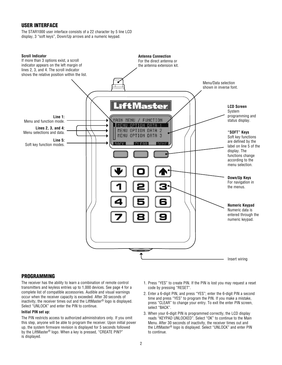 User interface, Programming | LiftMaster STAR1000 Commercial Access Control Receiver User Manual | Page 2 / 12