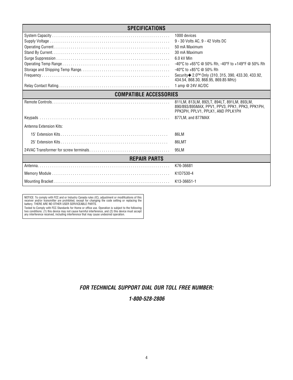 Specifications, Compatible accessories, Repair parts | Technical support 1-800-528-2806 | LiftMaster STAR1000 Commercial Access Control Receiver User Manual | Page 4 / 12