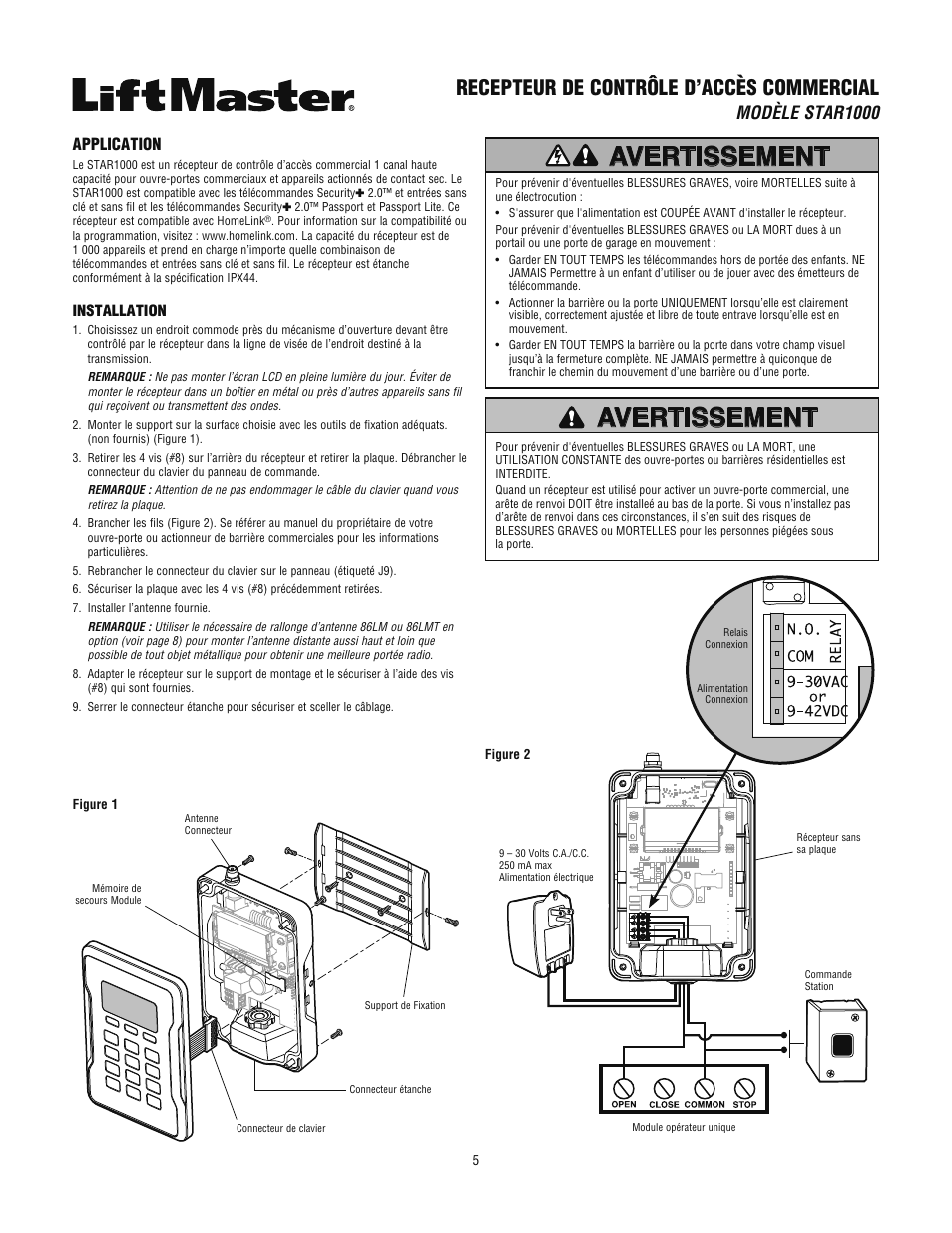 French, Avertissement, Recepteur de contrôle d’accès commercial | Modèle star1000, Application, Installation | LiftMaster STAR1000 Commercial Access Control Receiver User Manual | Page 5 / 12