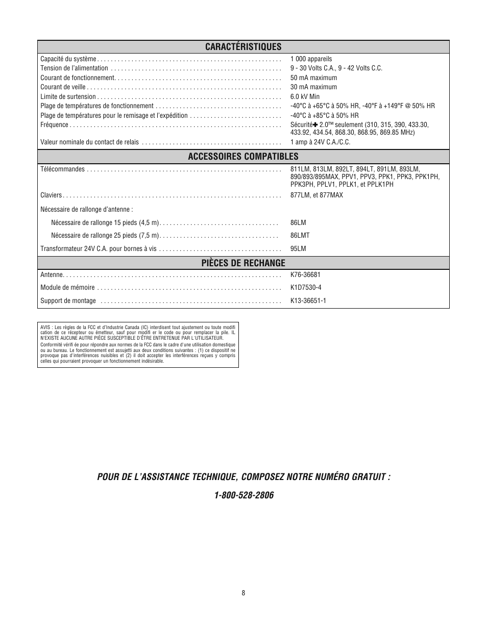 Caractéristiques, Accessoires compatibles, Pièces de rechange | LiftMaster STAR1000 Commercial Access Control Receiver User Manual | Page 8 / 12