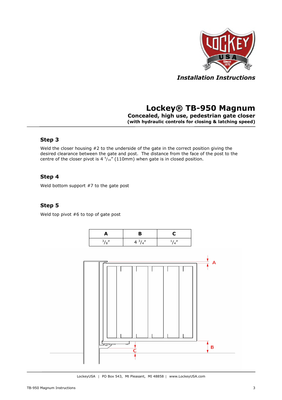 Lockey® tb-950 magnum, Installation instructions, Concealed, high use, pedestrian gate closer | Step 3, Step 4, Step 5 | LockeyUSA TB-950 Magnum User Manual | Page 3 / 4