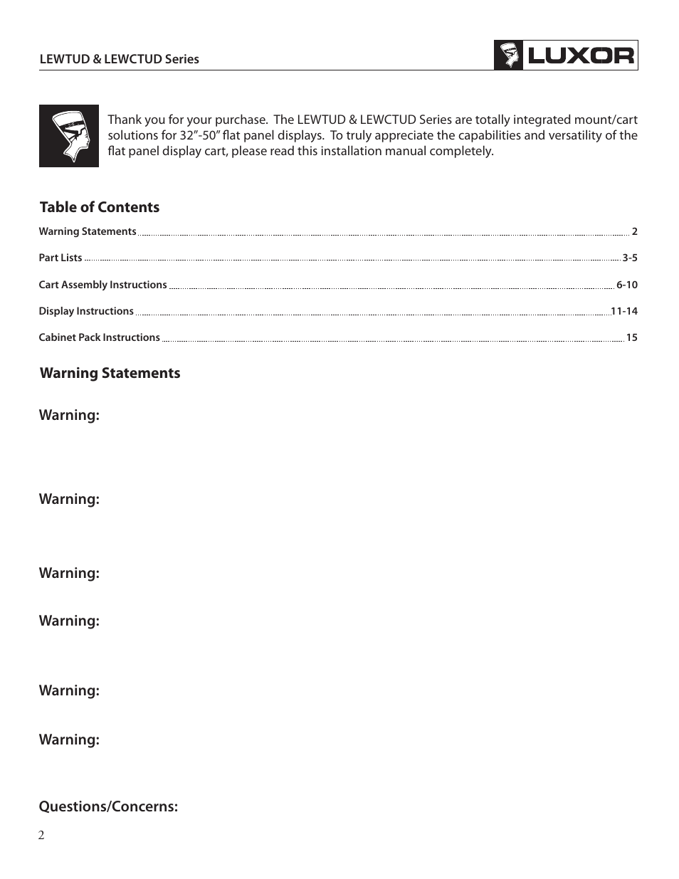 Warning statements table of contents, Warning, Warning: questions/concerns | Luxor|H.Wilson LE40CWTUD User Manual | Page 2 / 16