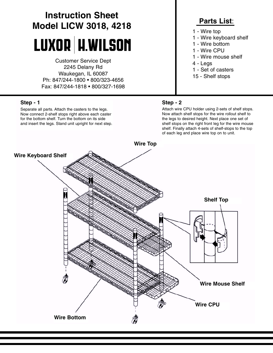 Luxor|H.Wilson LICW4218 User Manual | 1 page