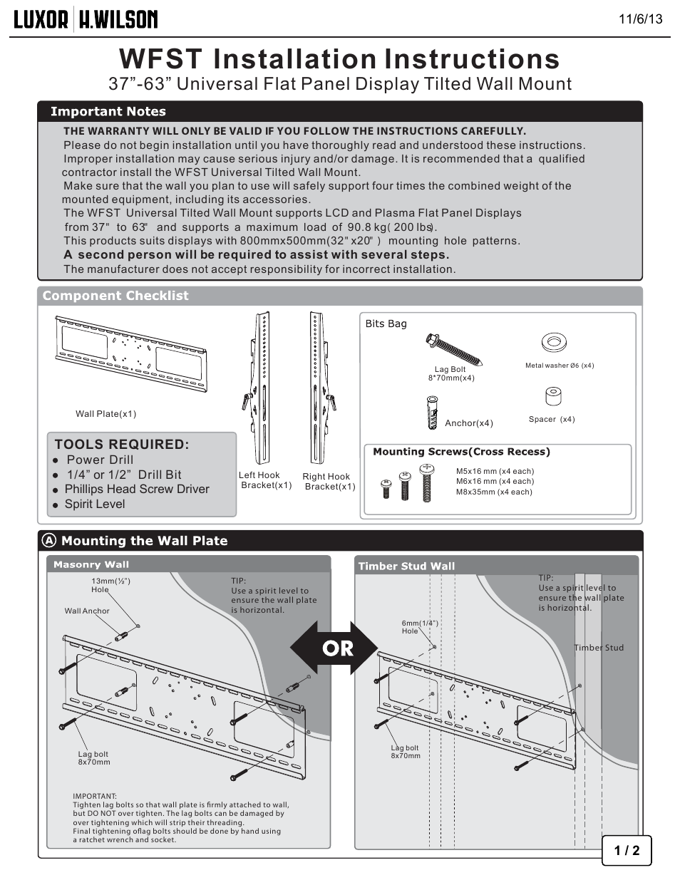 Wfst_instruct.pdf, Wfst installation instructions, Tools required | Luxor|H.Wilson WPSMS44CH User Manual | Page 2 / 3