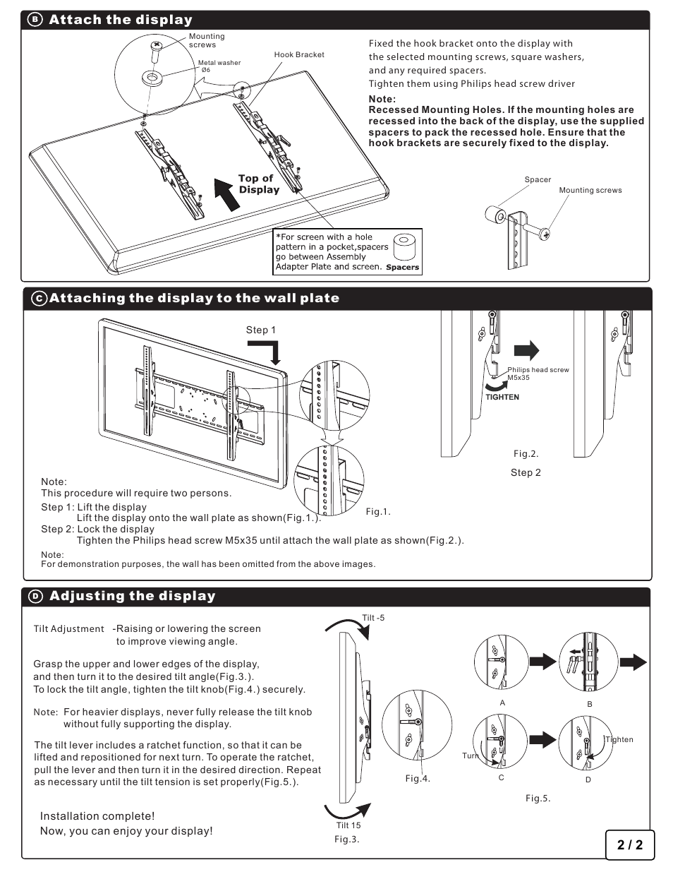 Adjusting the display, Attach the display, Attaching the display to the wall plate | Luxor|H.Wilson WPSMS44CH User Manual | Page 3 / 3