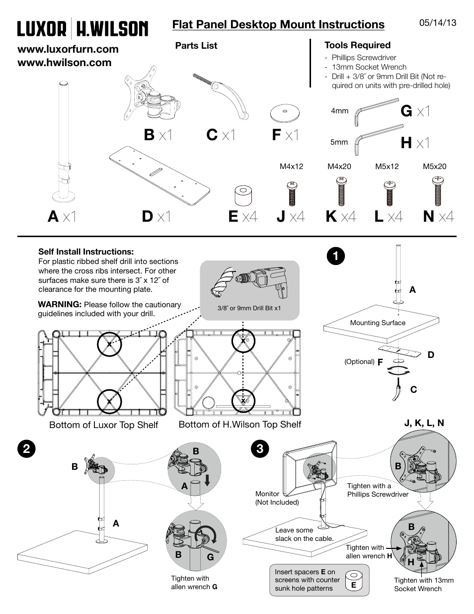 Wfsc_instruct.pdf, A x1 b x1 d x1 e x4, Flat panel desktop mount instructions | Luxor|H.Wilson WTPS70ME User Manual | Page 2 / 4