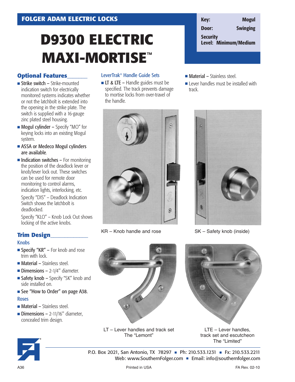 D9300 electric maxi-mortise, Folger adam electric locks | Southern Folger D9300 ELECTRIC MAXI-MORTISE User Manual | Page 2 / 6
