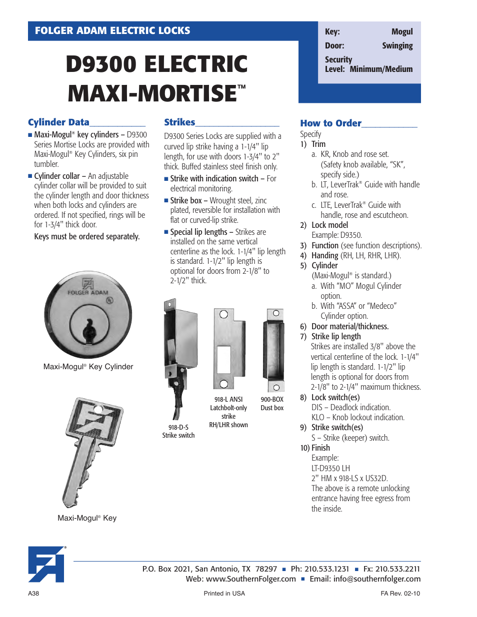 D9300 electric maxi-mortise, Folger adam electric locks | Southern Folger D9300 ELECTRIC MAXI-MORTISE User Manual | Page 4 / 6