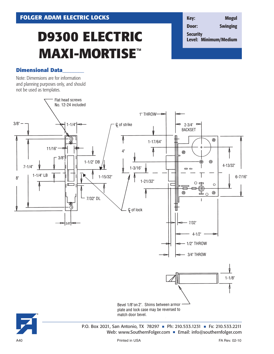 D9300 electric maxi-mortise | Southern Folger D9300 ELECTRIC MAXI-MORTISE User Manual | Page 6 / 6