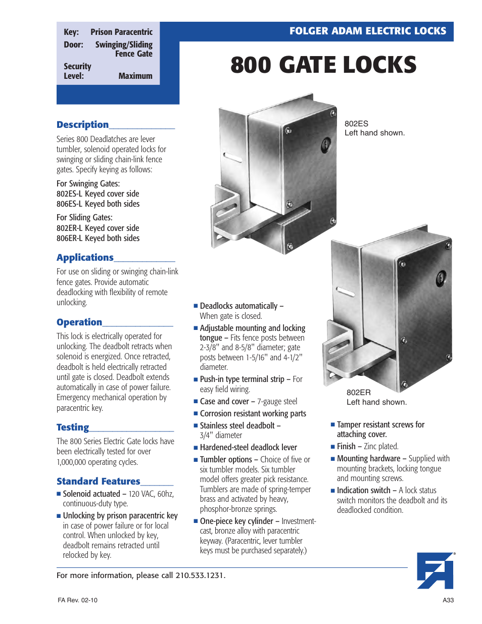 Southern Folger 800 GATE LOCKS User Manual | 2 pages