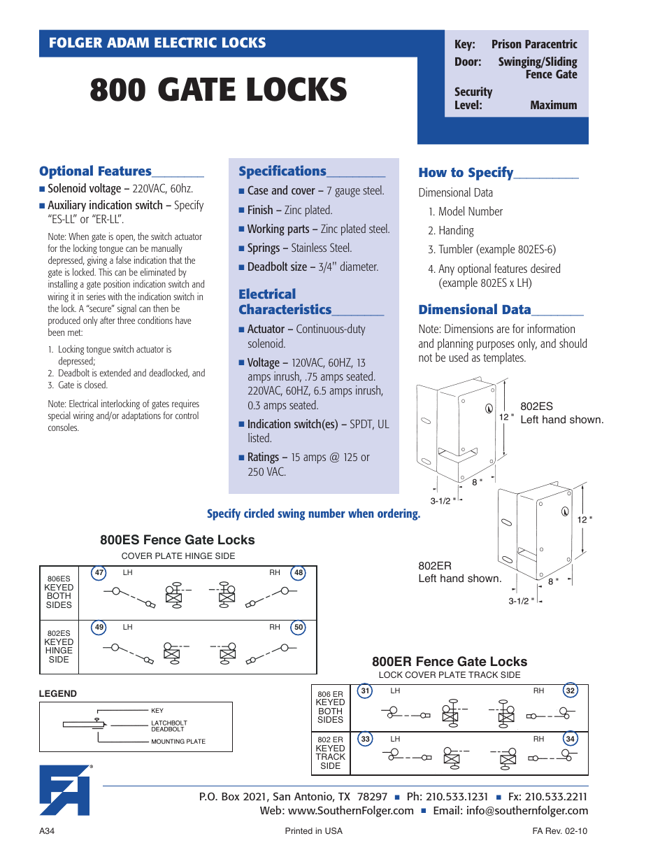 800 gate locks, Folger adam electric locks, Optional features | Specifications, Electrical characteristics, How to specify, Dimensional data, 800er fence gate locks, 800es fence gate locks, Case and cover – 7 gauge steel | Southern Folger 800 GATE LOCKS User Manual | Page 2 / 2