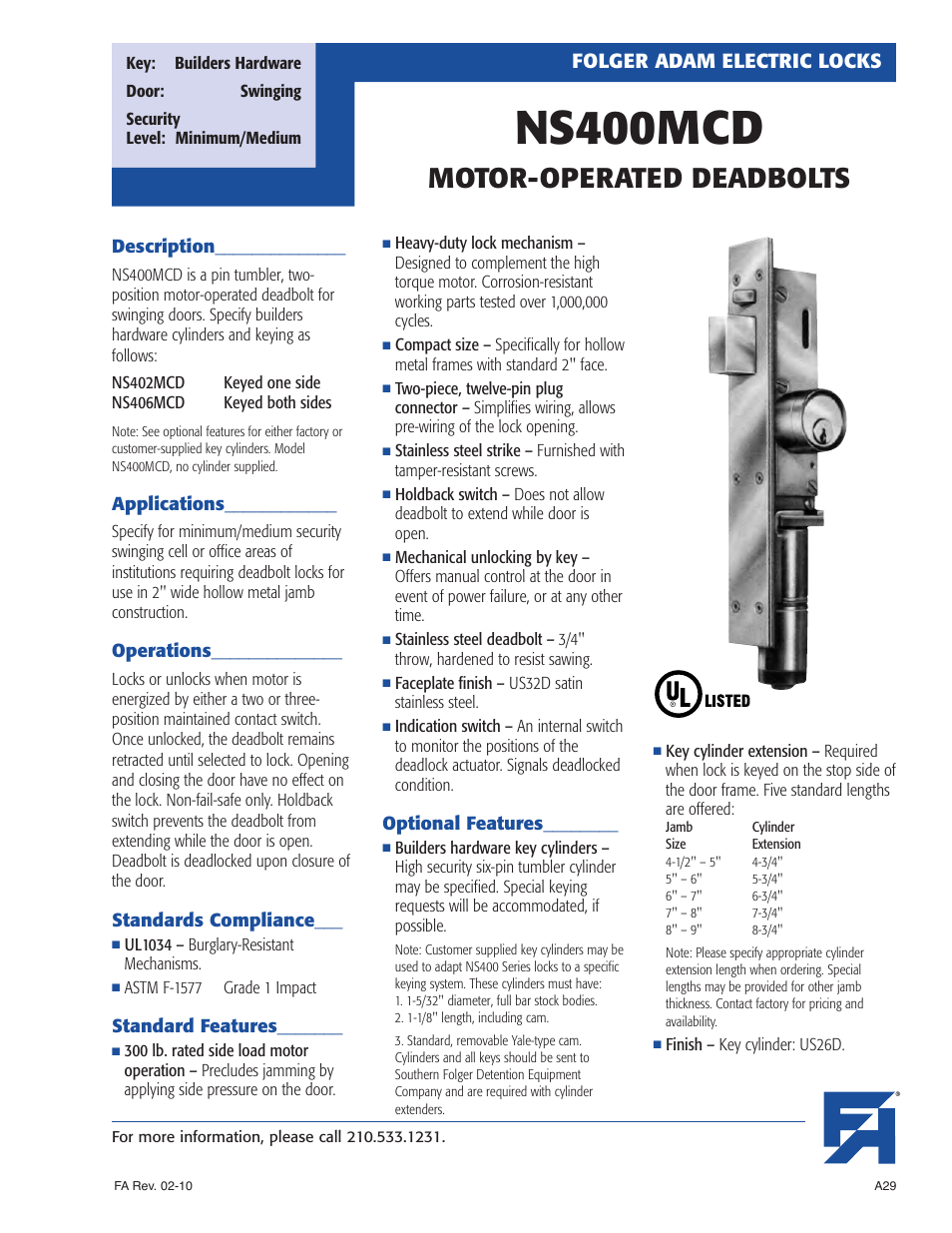 Southern Folger NS400MCD MOTOR-OPERATED DEADBOLTS User Manual | 4 pages