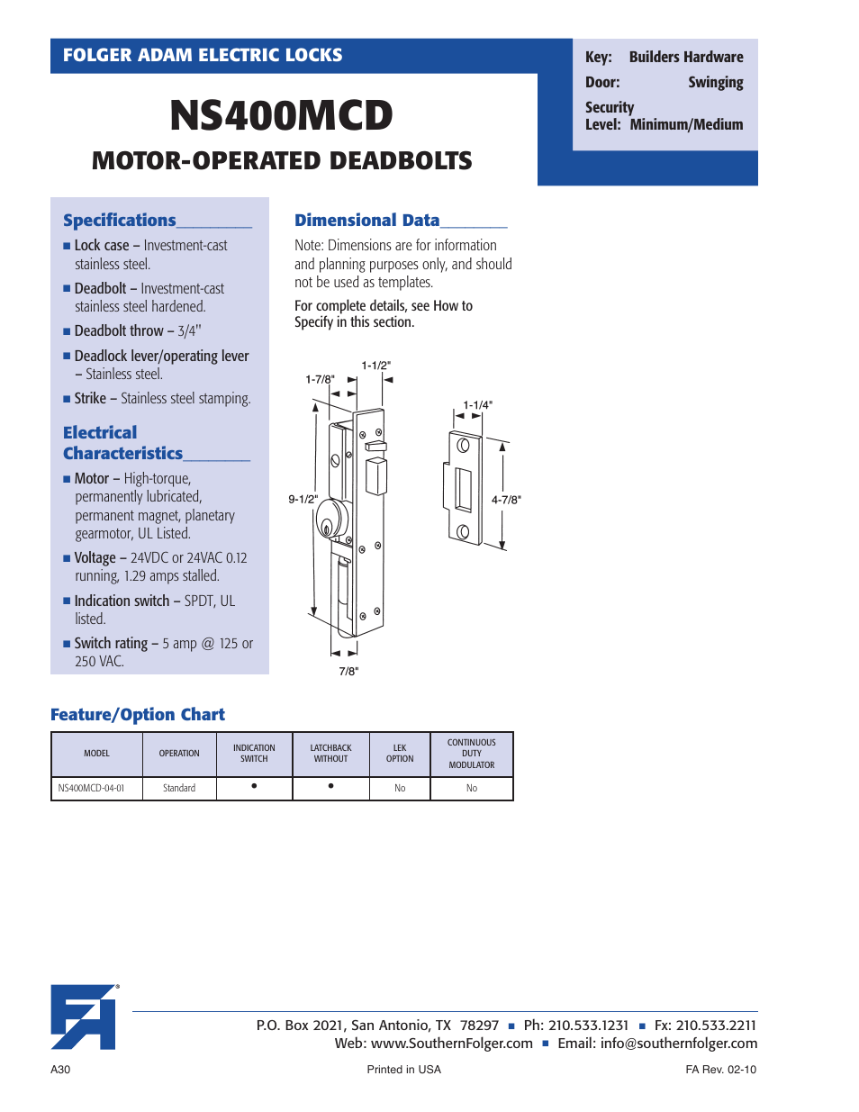 Ns400mcd, Motor-operated deadbolts, Folger adam electric locks | Southern Folger NS400MCD MOTOR-OPERATED DEADBOLTS User Manual | Page 2 / 4