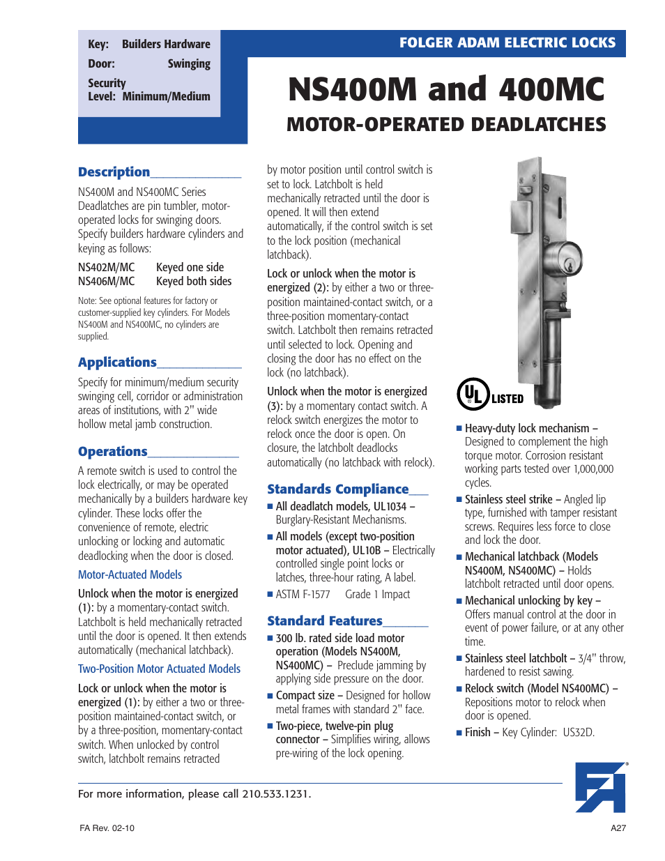 Southern Folger NS400M and 400MC MOTOR-OPERATED DEADLATCHES User Manual | 4 pages