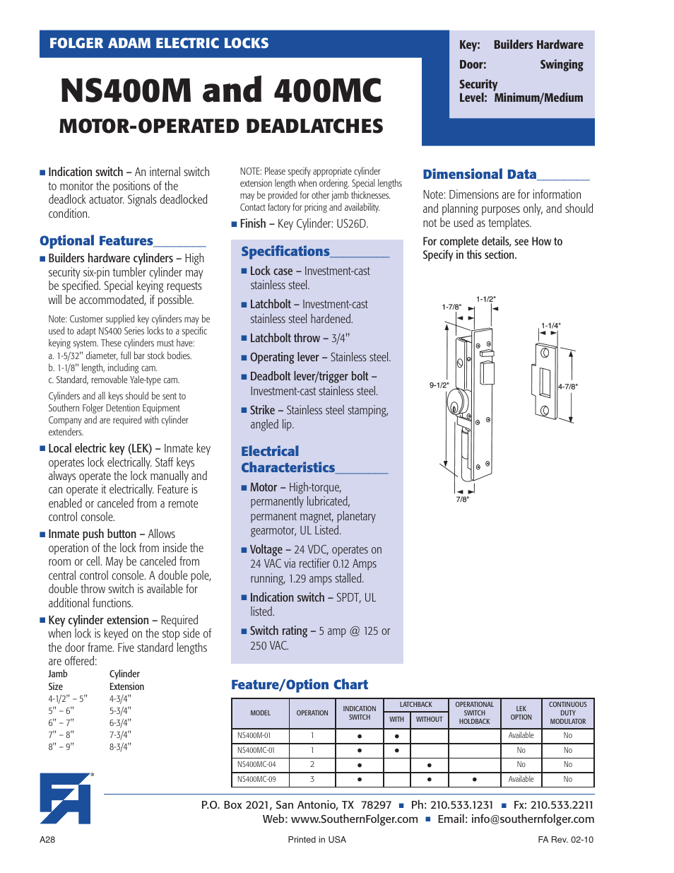 Motor-operated deadlatches, Folger adam electric locks | Southern Folger NS400M and 400MC MOTOR-OPERATED DEADLATCHES User Manual | Page 2 / 4