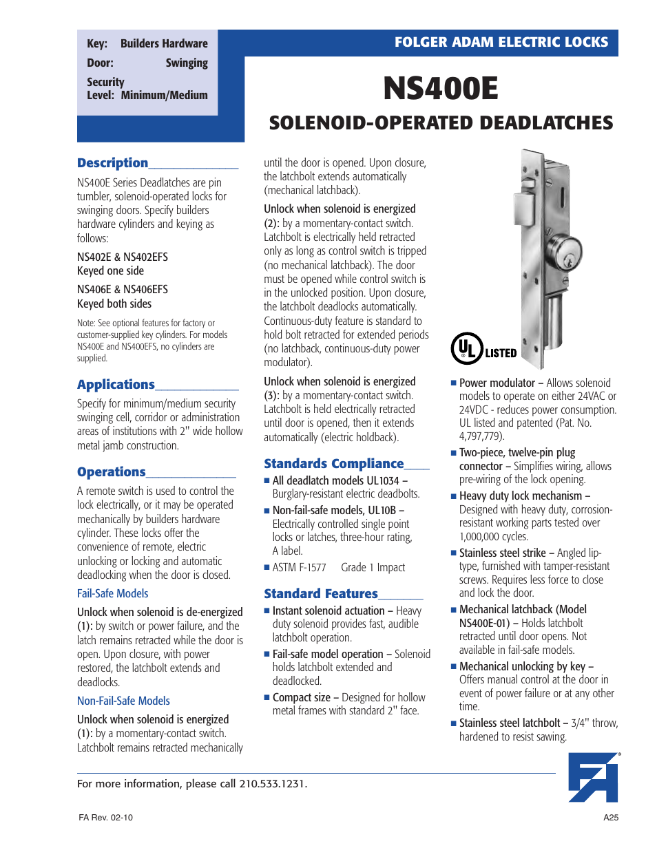 Southern Folger NS400E SOLENOID-OPERATED DEADLATCHES User Manual | 4 pages