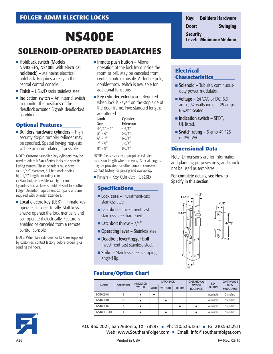 Ns400e, Solenoid-operated deadlatches, Folger adam electric locks | Southern Folger NS400E SOLENOID-OPERATED DEADLATCHES User Manual | Page 2 / 4