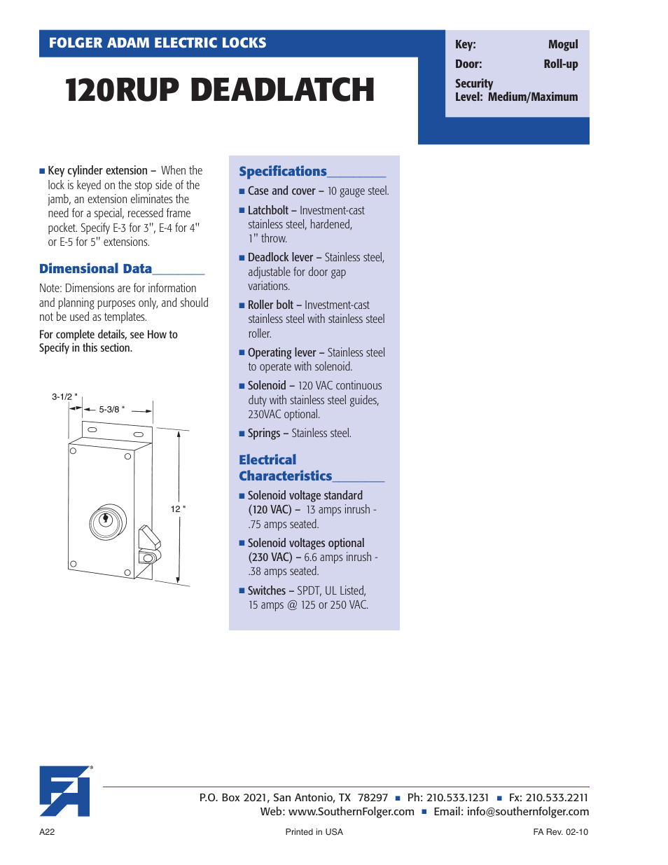 120rup deadlatch, Folger adam electric locks | Southern Folger 120RUP DEADLATCH User Manual | Page 2 / 4