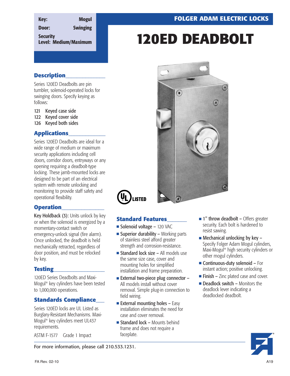 Southern Folger 120ED DEADBOLT User Manual | 4 pages