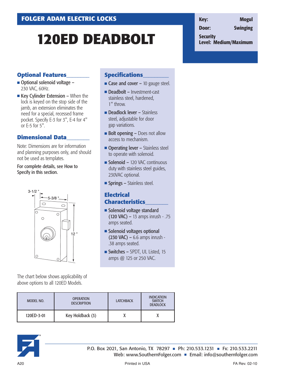 120ed deadbolt, Folger adam electric locks | Southern Folger 120ED DEADBOLT User Manual | Page 2 / 4