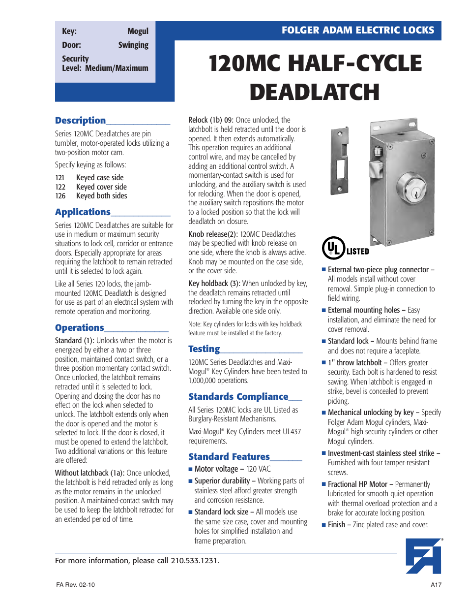 Southern Folger 120MC HALF-CYCLE DEADLATCH User Manual | 4 pages