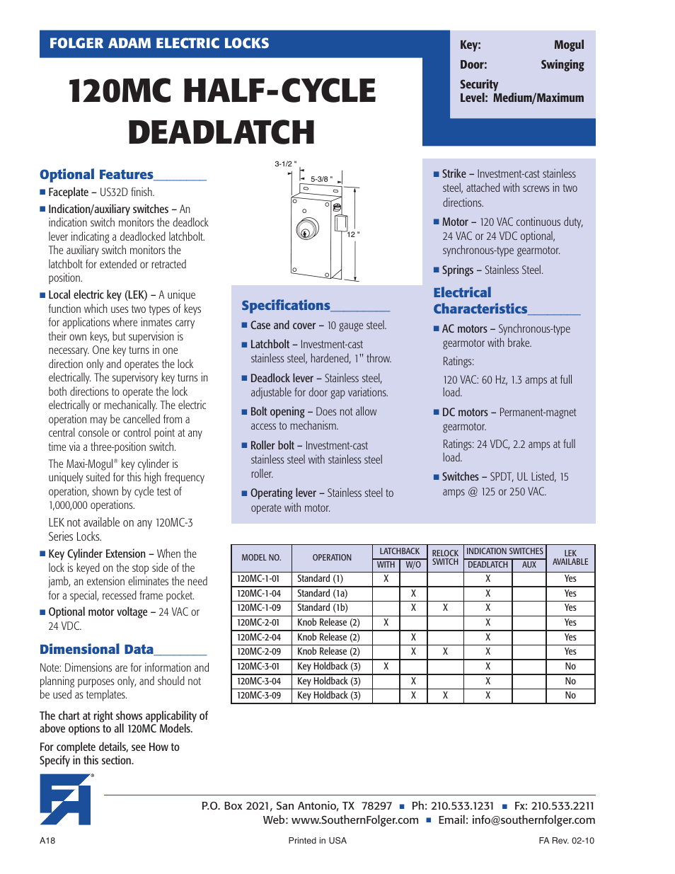 120mc half-cycle deadlatch, Folger adam electric locks, Optional features | Dimensional data, Specifications, Electrical characteristics | Southern Folger 120MC HALF-CYCLE DEADLATCH User Manual | Page 2 / 4