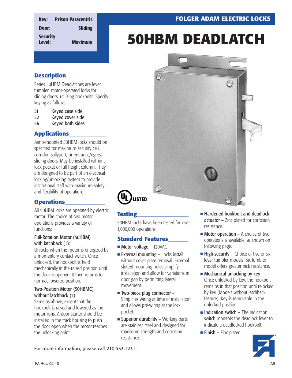 Southern Folger 50HBM DEADLATCH User Manual | 3 pages