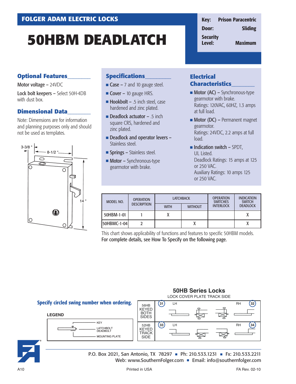 50hbm deadlatch, Folger adam electric locks, Optional features | Dimensional data, Specifications, Electrical characteristics, 50hb series locks | Southern Folger 50HBM DEADLATCH User Manual | Page 2 / 3