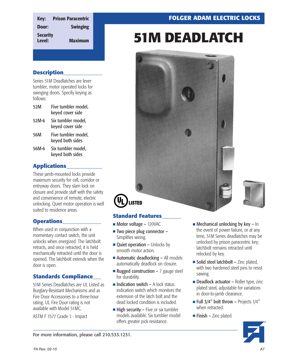 Southern Folger 51M DEADLATCH User Manual | 2 pages