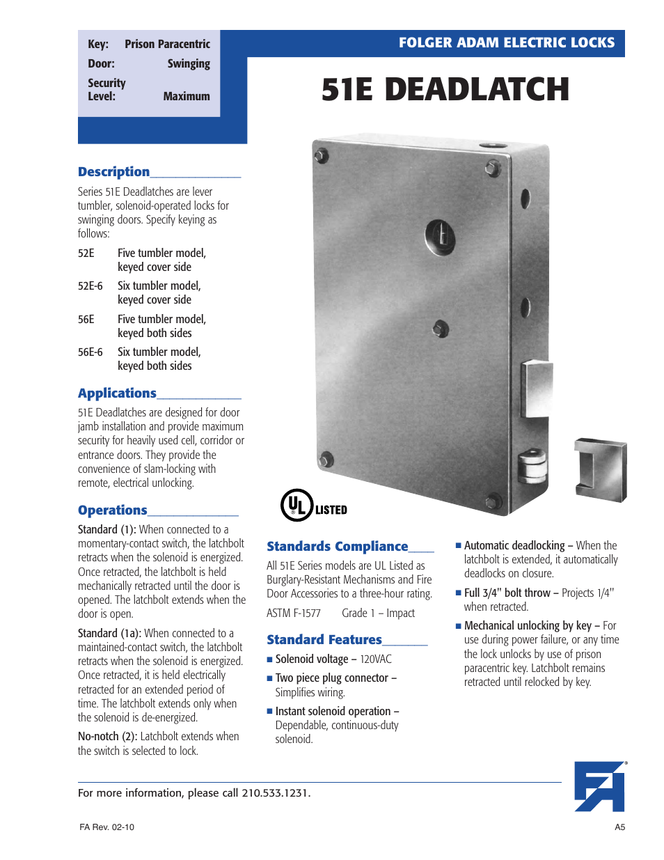 Southern Folger 51E DEADLATCH User Manual | 2 pages