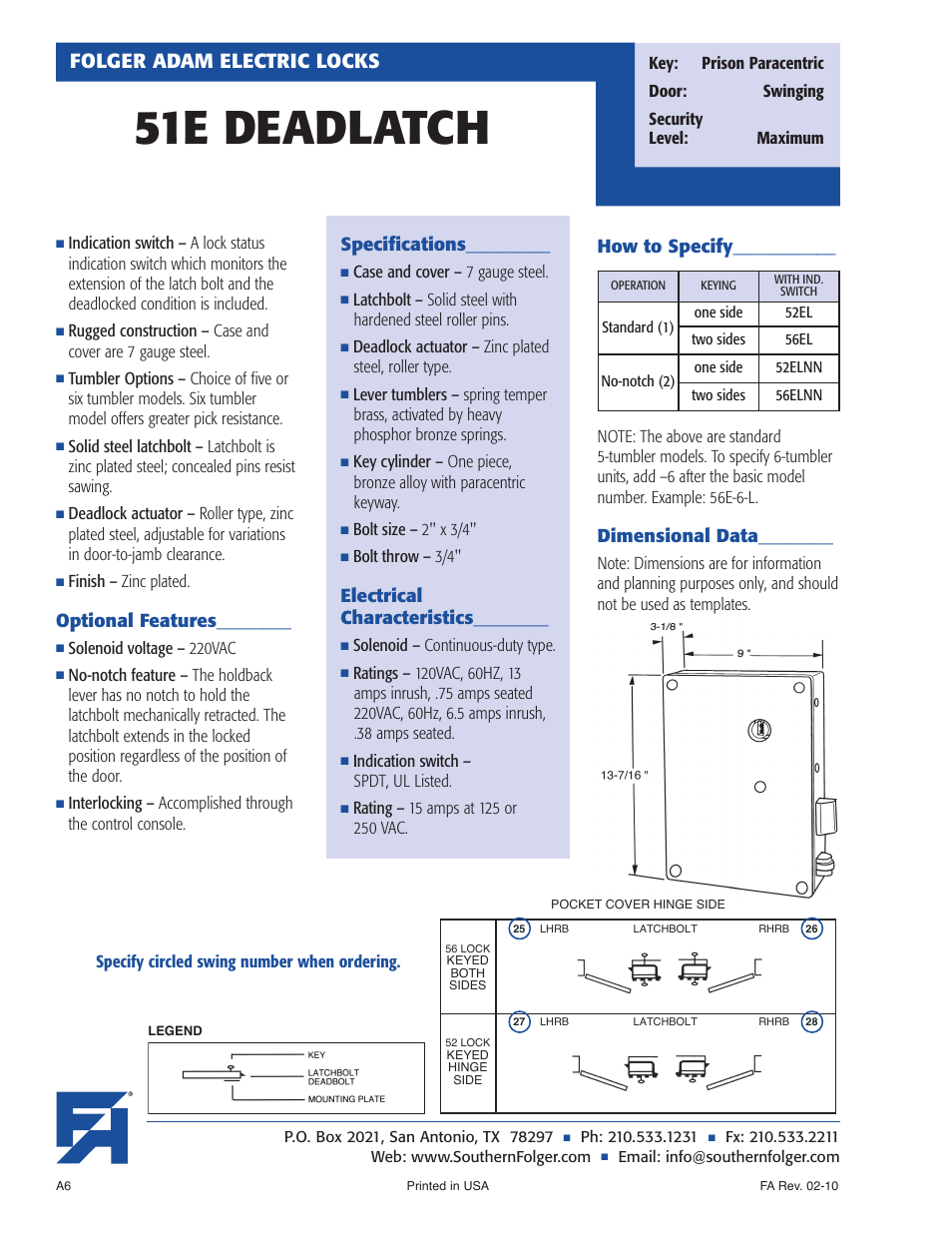 51e deadlatch, Folger adam electric locks, Optional features | Specifications, Electrical characteristics, How to specify, Dimensional data | Southern Folger 51E DEADLATCH User Manual | Page 2 / 2