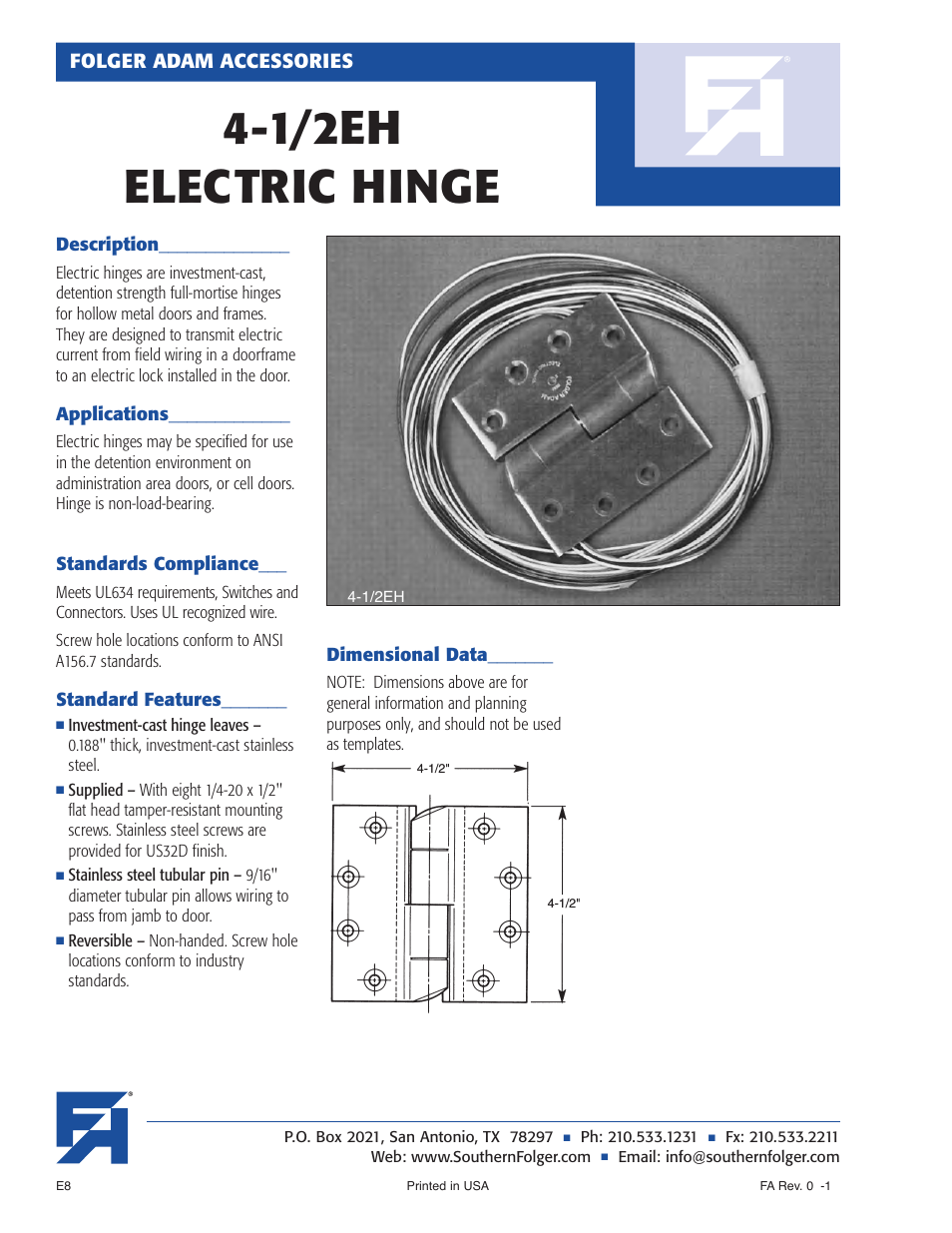 Southern Folger 4-1_2EH ELECTRIC HINGE User Manual | 1 page