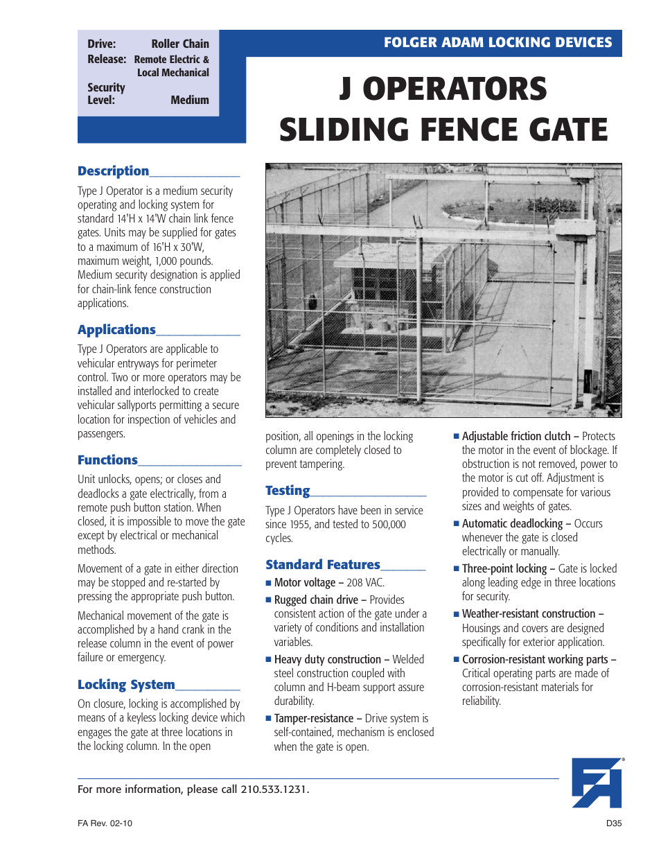 Southern Folger J OPERATORS SLIDING FENCE GATE User Manual | 2 pages