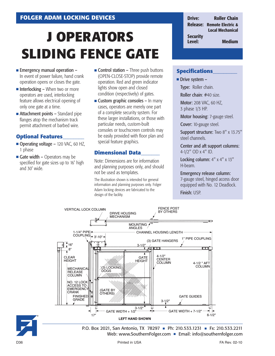 J operators sliding fence gate, Folger adam locking devices | Southern Folger J OPERATORS SLIDING FENCE GATE User Manual | Page 2 / 2