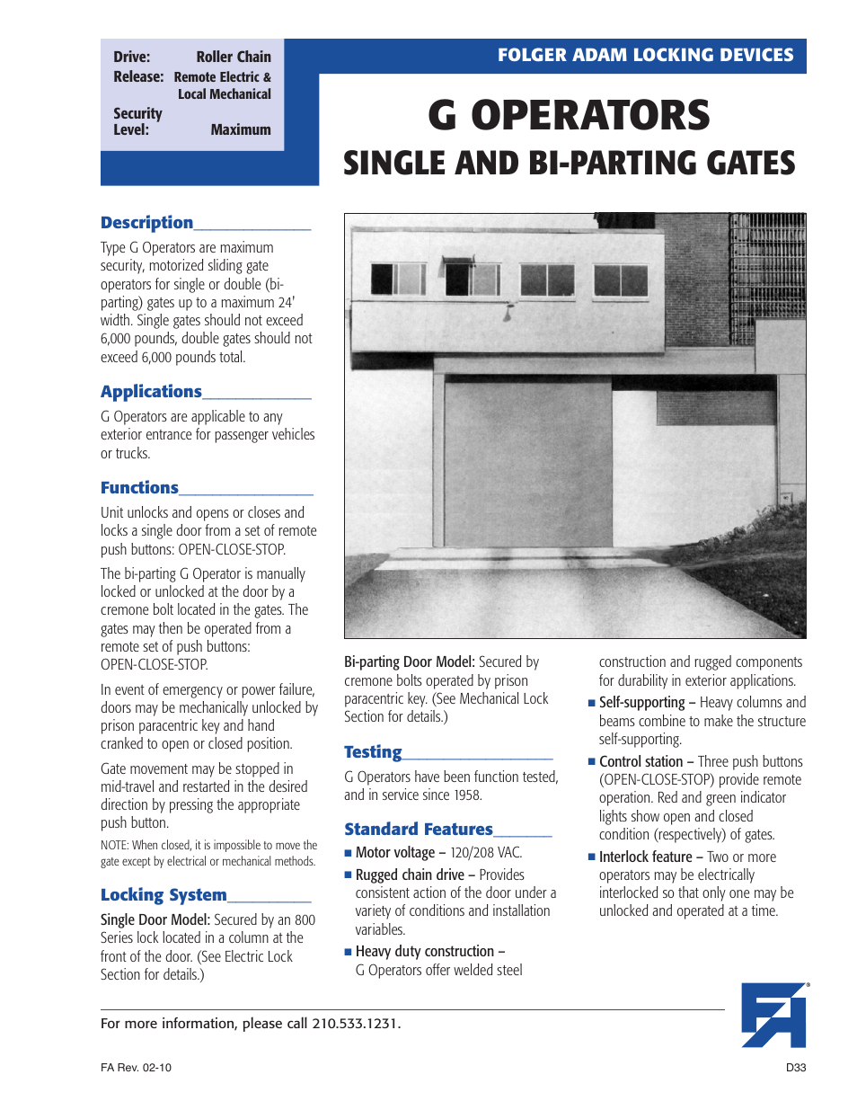 Southern Folger G OPERATORS SINGLE AND BI-PARTING GATES User Manual | 2 pages