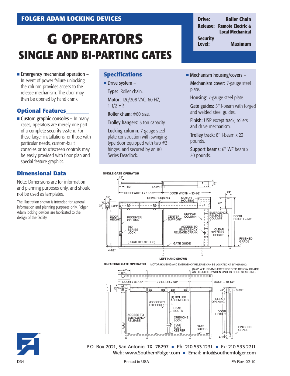 G operators, Single and bi-parting gates, Folger adam locking devices | Southern Folger G OPERATORS SINGLE AND BI-PARTING GATES User Manual | Page 2 / 2