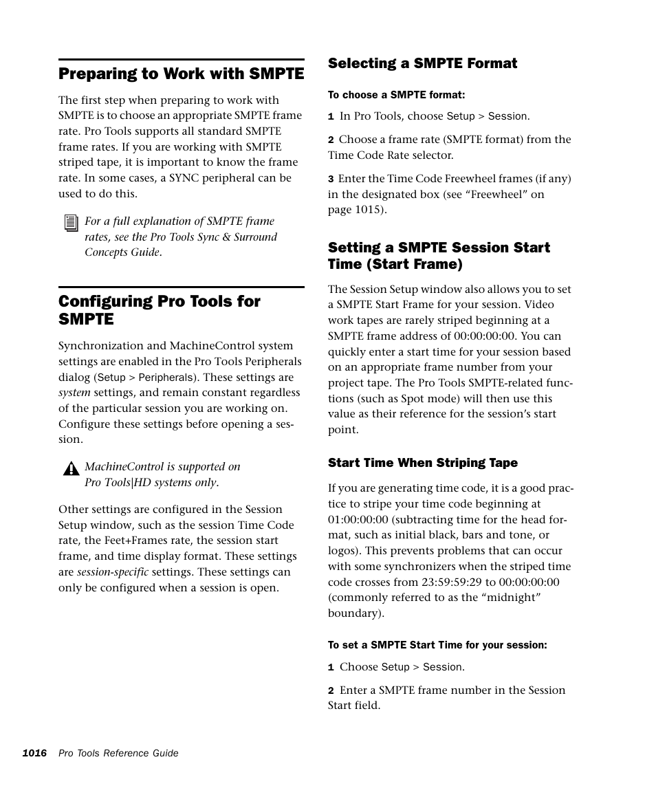 Preparing to work with smpte, Configuring pro tools for smpte, Selecting a smpte format | Setting a smpte session start time (start frame) | M-AUDIO Pro Tools Recording Studio User Manual | Page 1034 / 1112