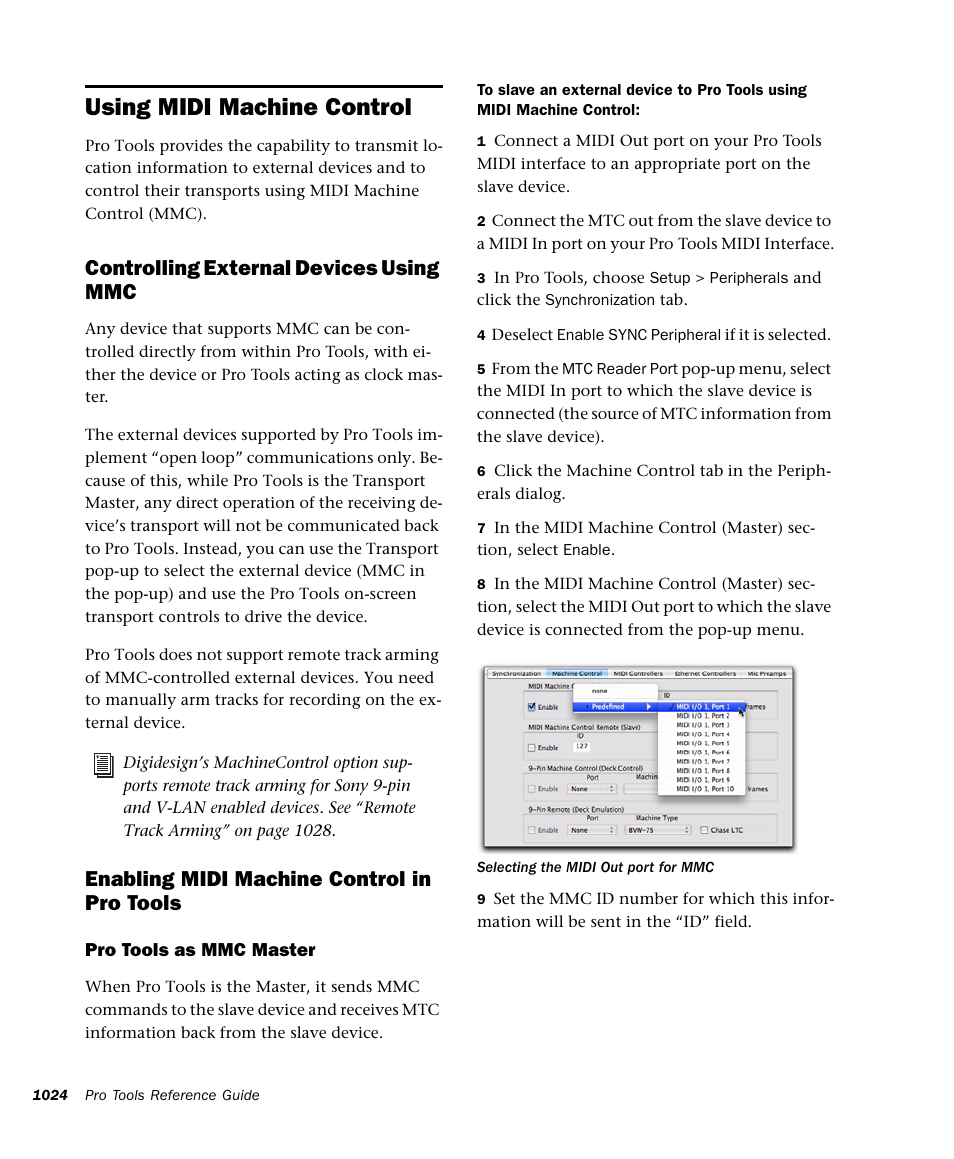 Using midi machine control, Controlling external devices using mmc, Enabling midi machine control in pro tools | M-AUDIO Pro Tools Recording Studio User Manual | Page 1042 / 1112