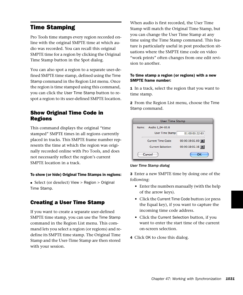 Time stamping, Button. see “time stamping, Show original time code in regions | Creating a user time stamp | M-AUDIO Pro Tools Recording Studio User Manual | Page 1049 / 1112