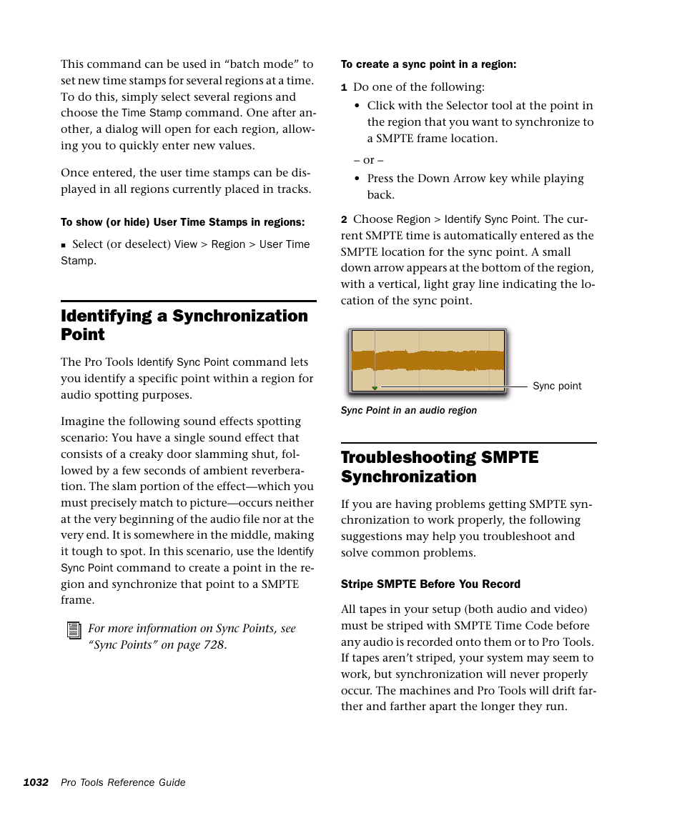 Identifying a synchronization point, Troubleshooting smpte synchronization | M-AUDIO Pro Tools Recording Studio User Manual | Page 1050 / 1112