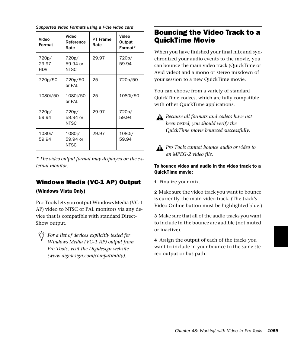 Bouncing the video track to a quicktime movie, Windows media (vc-1 ap) output | M-AUDIO Pro Tools Recording Studio User Manual | Page 1077 / 1112