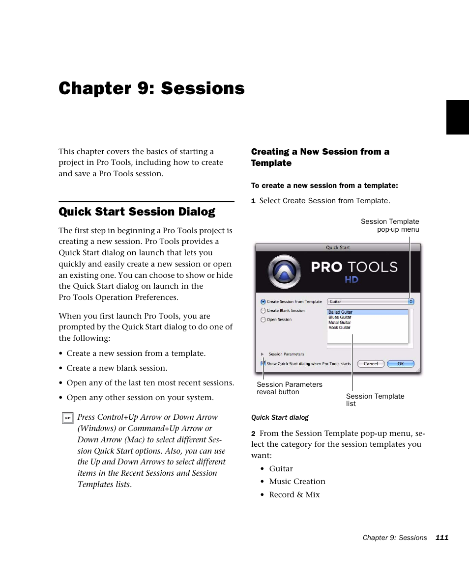 Chapter 9: sessions, Quick start session dialog, Chapter 9. sessions | M-AUDIO Pro Tools Recording Studio User Manual | Page 129 / 1112