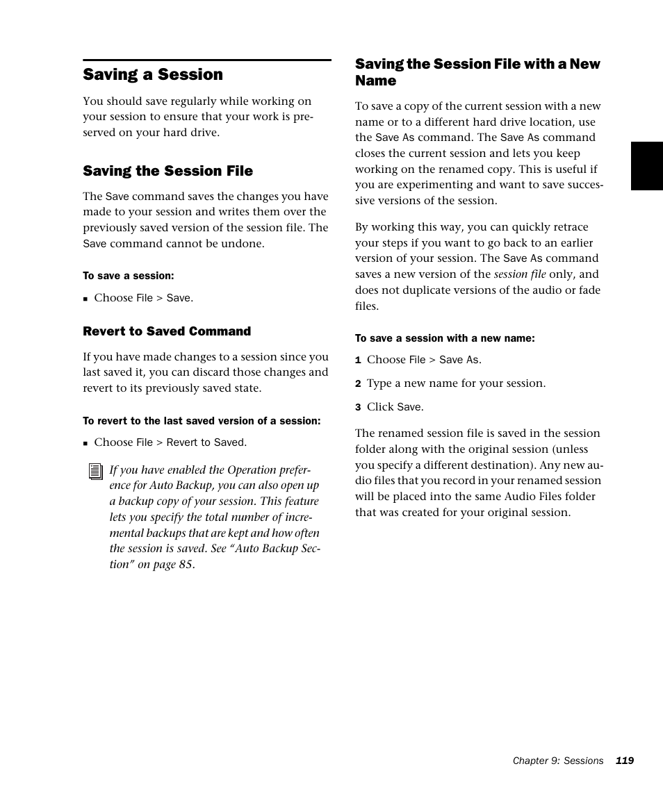 Saving a session, Saving the session file, Saving the session file with a new name | M-AUDIO Pro Tools Recording Studio User Manual | Page 137 / 1112