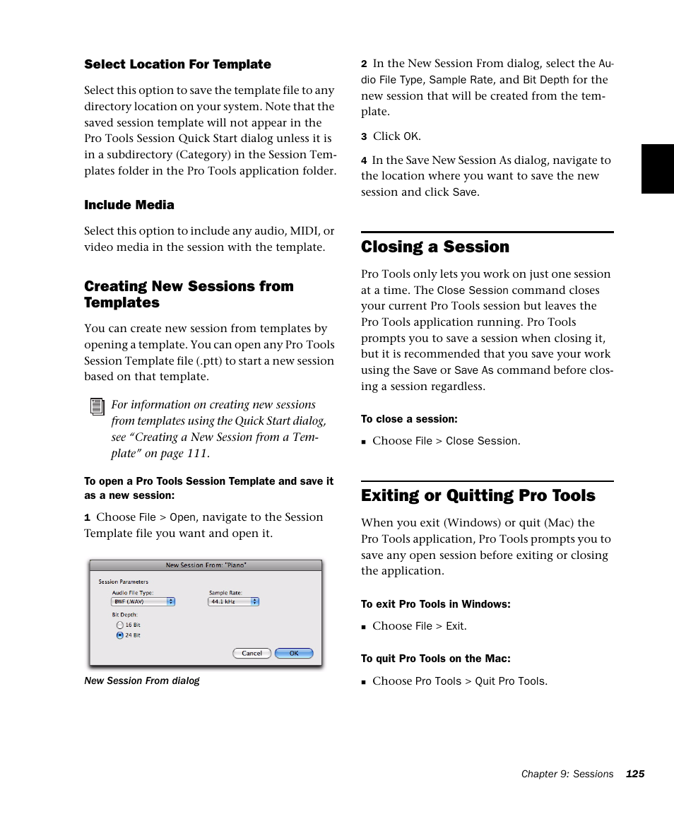 Closing a session, Exiting or quitting pro tools, Creating new sessions from templates | M-AUDIO Pro Tools Recording Studio User Manual | Page 143 / 1112